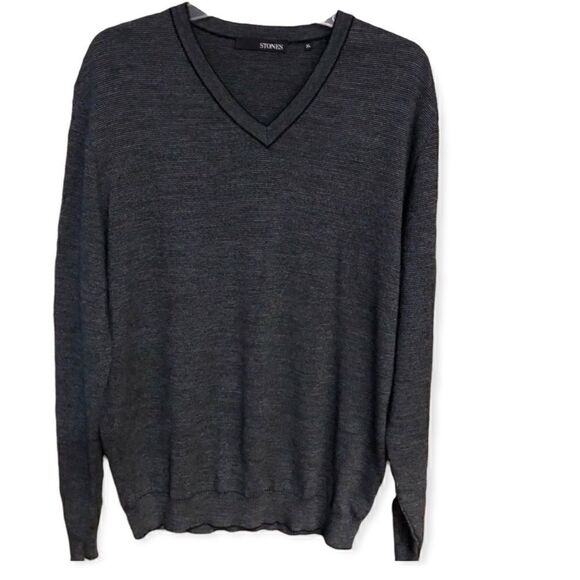 Stones Men’s Sz XL Gray Black Stripe V-Neck Wool Long Sleeve Sweater - Picture 1 of 8
